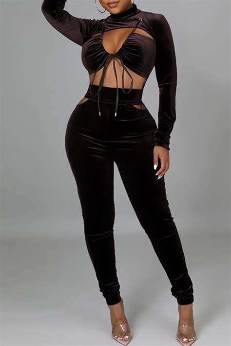 Dark Purple Fashion Sexy Solid Hollowed Out Frenulum Turtleneck Skinny Jumpsuitsjumpsuits