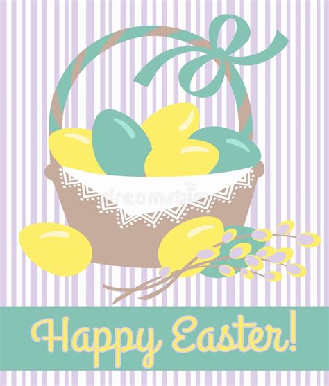 Easter Basket With Eggs And Pussy Willow Branch Vector Illusration
