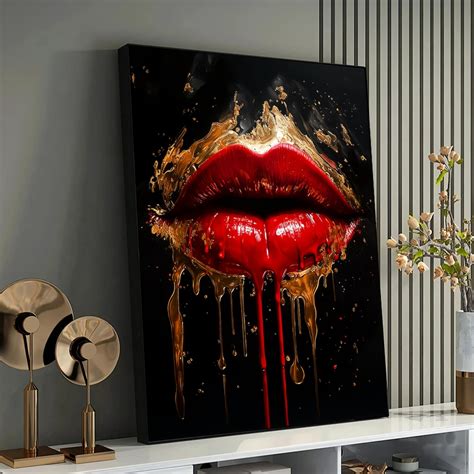 Luxurious Red Lips Art Print Bold Lipstick Wall Art Gold Drip Mouth Poster Glamorous Beauty