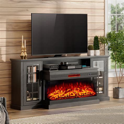 Amerlife 75 3 Sided Glass Fireplace Tv Stand Classy Design For Tvs Up To 85 Woodgrain Finish