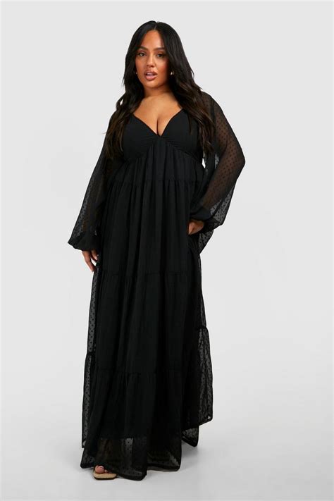 Plus Dobby Mesh Long Sleeve V Neck Maxi Dress Boohoo Uk