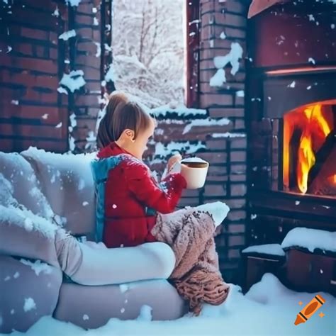 Cozy Winter Scene With A Girl Enjoying Tea By The Fireplace On Craiyon