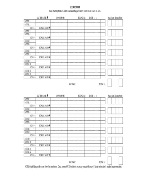 Cricket Score Sheet Template Free Download