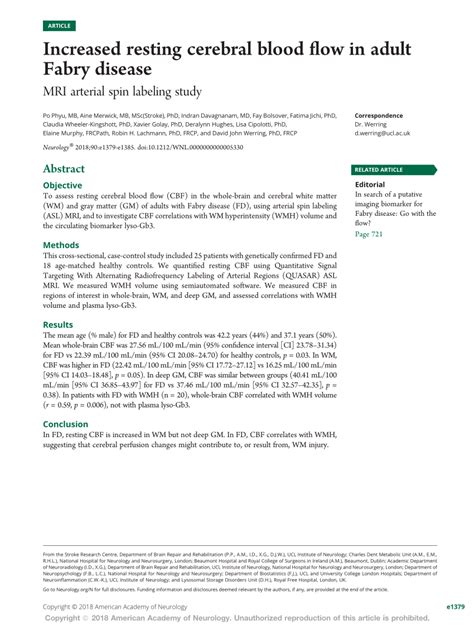 PDF Increased Resting Cerebral Blood Flow In Adult Fabry Disease MRI