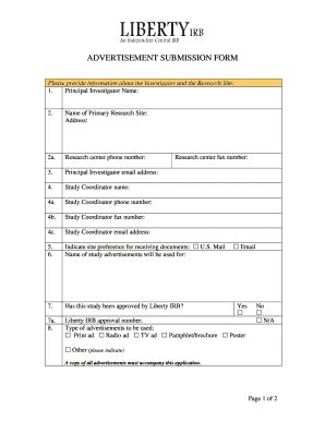 Fillable Online Advertisement Submission Form Liberty Irb Inc Fax