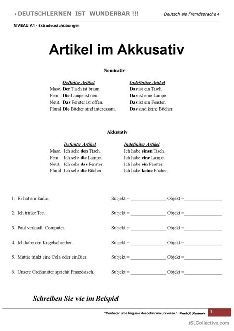 A1 Artikel im Akkusati Deutsch DAF Arbeitsblätter pdf doc