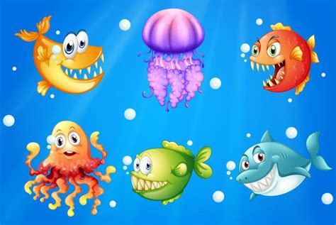 A sea with smiling creatures 525147 Vector Art at Vecteezy