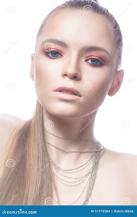 Beautiful Blonde Girl With Pink Hair And A Smooth Shiny Makeup Beauty Face Stock Photo Image