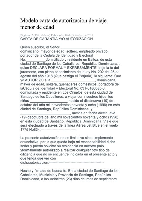 Modelo Carta De Autorizacion De Viaje Menor De Edad Modelo Carta De