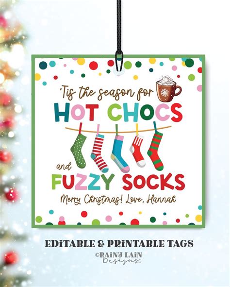 Editable Hot Chocs And Fuzzy Socks Christmas Gift Tag Template Printable Holiday Socks Hot