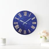 Blue Navy Glitter Minimal Metallic Roman Numers Large Clock Zazzle