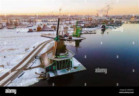 Zaanse Schans Windmill Village During Winter With Snow Landscape In The