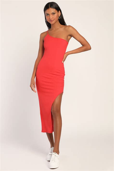 Red Maxi Dress Ribbed Bodycon Dress One Shoulder Dress Lulus