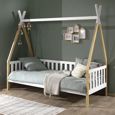 Lit tipi barrière 90x200 sommier inclus Vipack Bois et blanc Lits