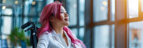 Inclusive Image Of Candid Lesbian Business Woman With Pink Hair Looking Out Of Office Window
