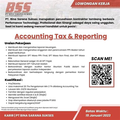 Lowongan Kerja Accounting Tax Reporting Di PT Bina Sarana Sukses