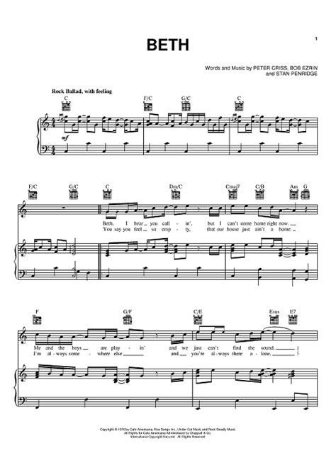 Beth Sheet Music By Kiss For Pianovocalchords Sheet Music Now