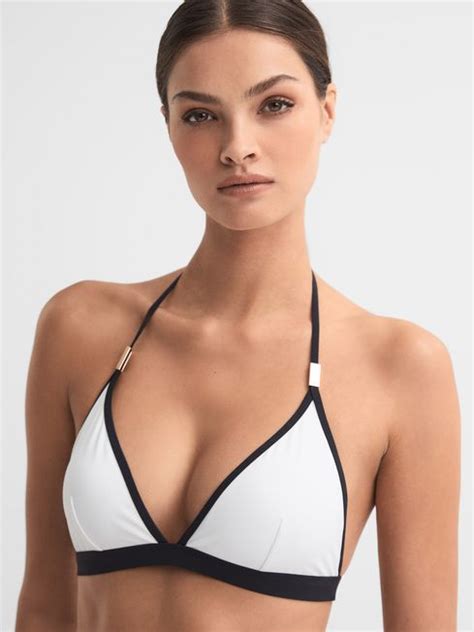 Triangle Halterneck Bikini Top In White Navy Reiss