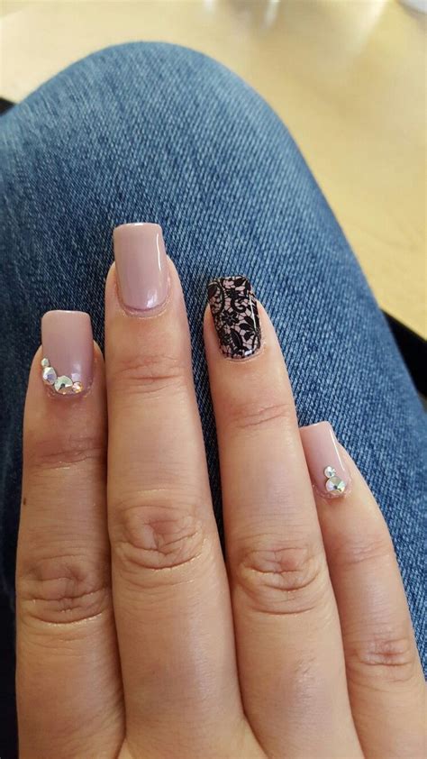 Pink Nude Gel Polish With A Lace Stamp And Swarovski Crystals Lace Nails Gel Nail Designs