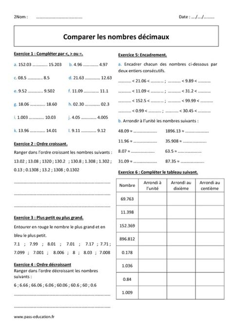 Comparer Les Nombres D Cimaux Me Exercices Avec Correction Pass