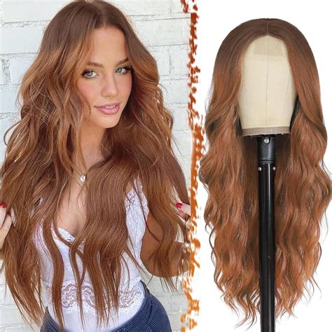 Barsdar Long Wavy Auburn Wig 26 Inch Long Wavy Middle Part Wig For Women Curly