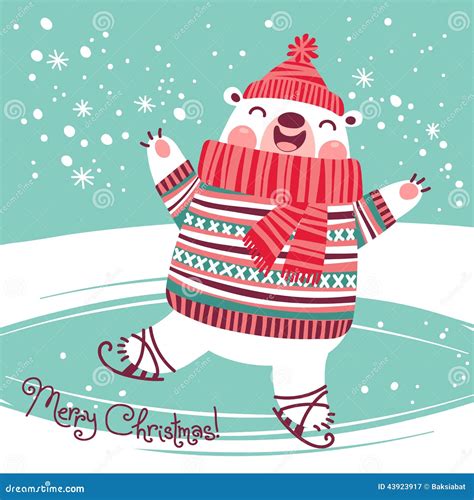 Christmas Card With Cute Polar Bear On An Ice Rink Stock Vector