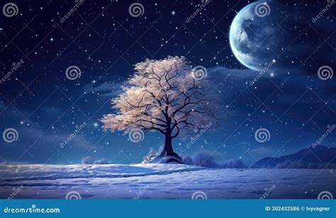 Fantasy Winter Landscape With Tree And Full Moon Stock Photo Image Of