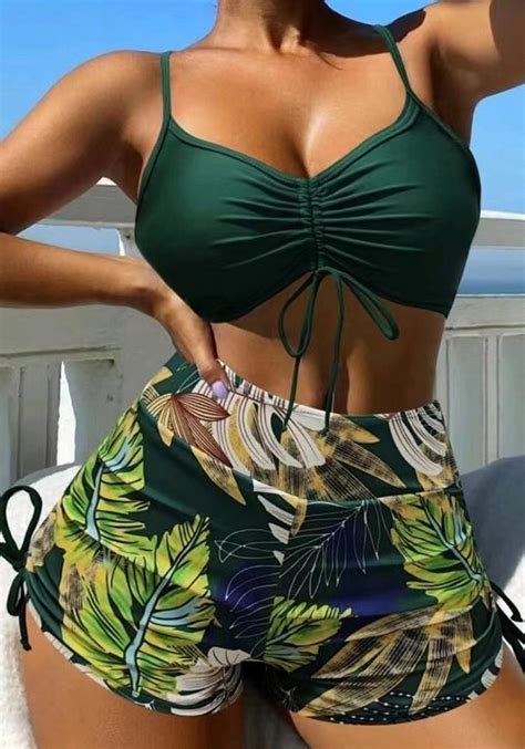 Wholesale Women Two Pieces Bikini Sexy Solid High Waist Leaf Print