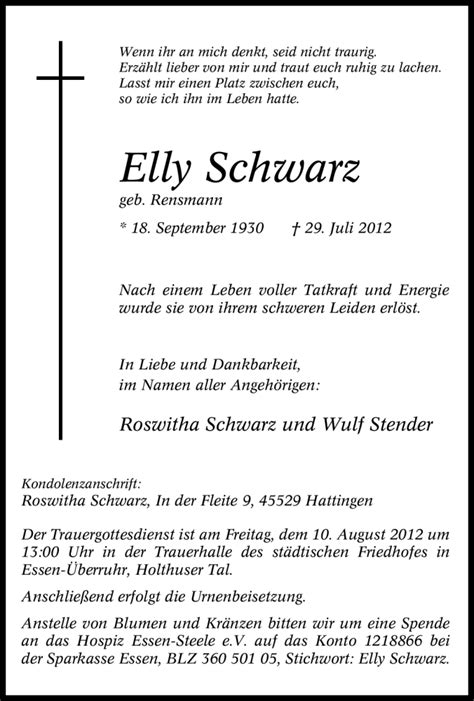 Traueranzeigen Von Elly Schwarz Trauer In NRW De