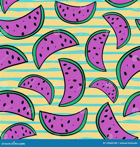 Vector Seamless Watermelon Cute Hand Drawn Doodle Summer Pattern With