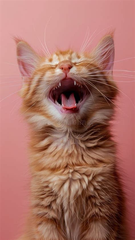 Adorable Orange Tabby Kitten Yawning With Eyes Closed On Pink Background Cute Kitten Portrait