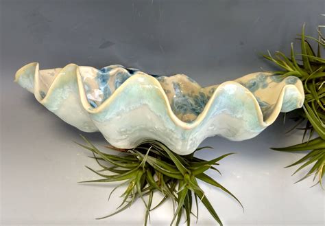 Large Clam Shell Bowl Turquoise Blue Green Ocean Sea Life Coastal