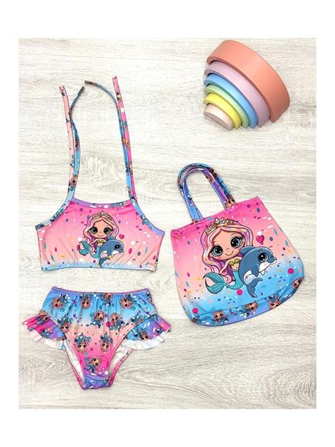 My Kids Wear Mavi Üç Parça Çantalı Kız Çocuk Fırfırlı Bikini Takım S LCW