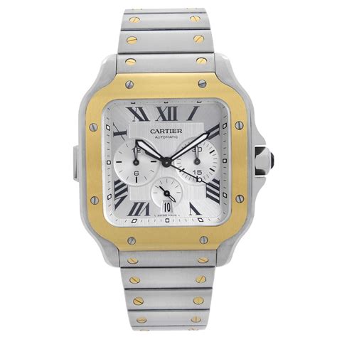 Cartier Santos 18k Yellow Gold Steel Chronograph Silver Dial Mens Watc ...