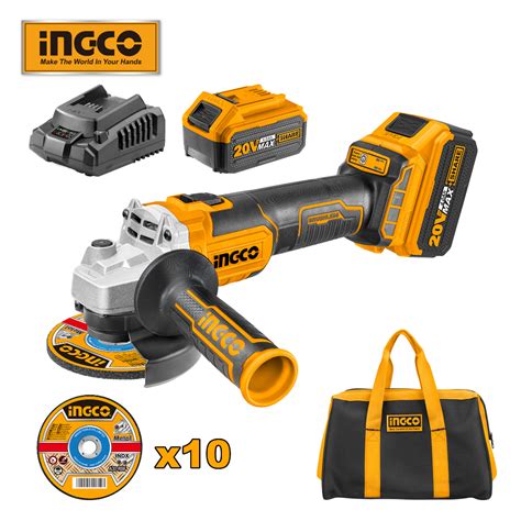 INGCO 20V Lithium Ion Brushless Angle Grinder CAGLI2010082 With 2