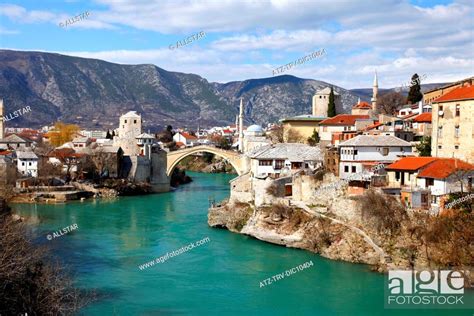 Rebuilt Stari Most Old Bridge Over Neretva River Mostar Bosnia