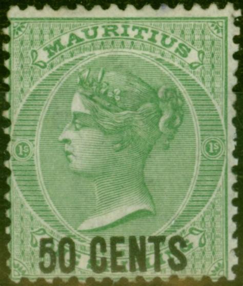 Mauritius 1878 50c On 1s Green SG90 Fine Fresh Lightly Mtd Mint