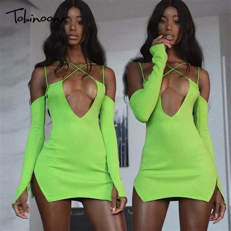 Tobinoone Spaghetti Strap Mini Dress Women Split Long Sleeve Deep V