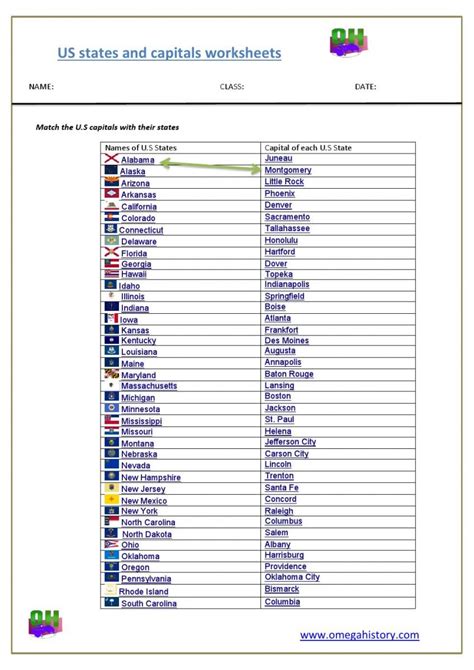 States and capitals of USA in alphabetical order- Printable worksheet ...