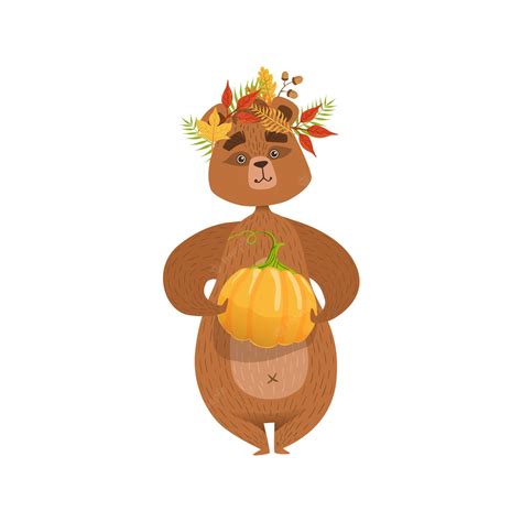 Premium Vector Girly Cartoon Brown Bear Character Holding Pumpkin And