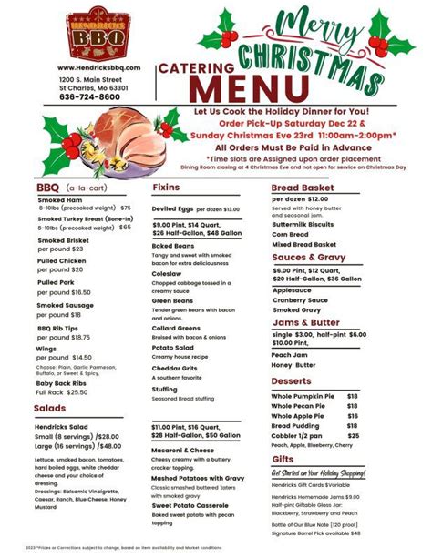 Christmas Catering Menu Hendricks BBQ