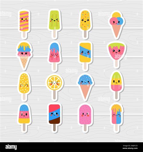 Set Of Cute Kawaii Ice Cream Stickers Cartoon Lovely Ice Cream In Waffle Cones And Popsicle