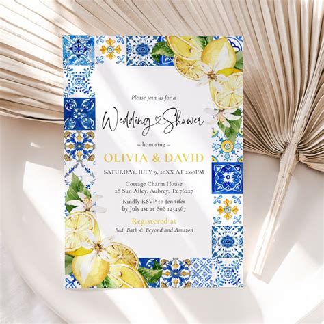 Blue Tile Lemon Italian Wedding Shower Invitation Zazzle In