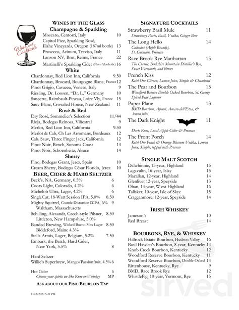 The Red Lion Inn menus in Stockbridge, Massachusetts, United States