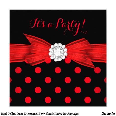 Red Polka Dots Diamond Bow Black Party Invitation Zazzle Red Polka