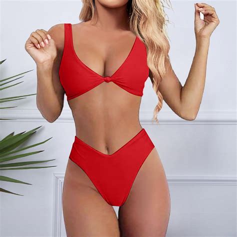 Bikini Set For Women Solid V Neck Knot Front Push Up High Leg Thong Two