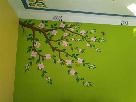 Creative Wall Painting with Pink Flowers and Tree Design