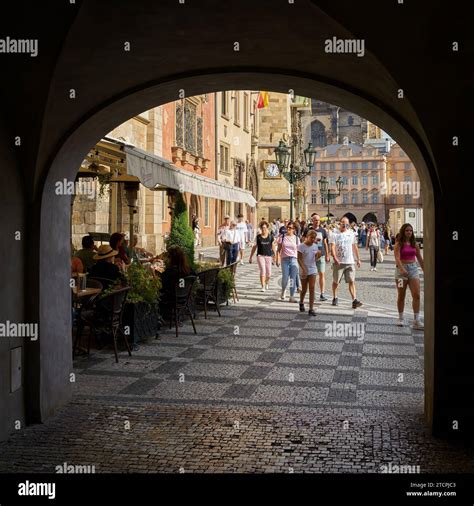 Tourists At The Old Town Hall In Prague Staromestska Radnice Seen