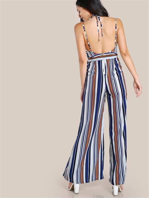 Open Back Split Front Striped Jumpsuit Shein Sheinside