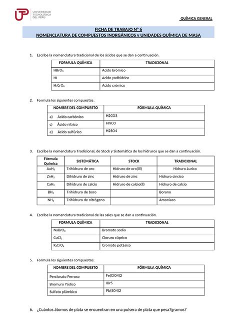 Ficha de Trabajo 6 Nomenclatura de Comp Inorgánicos QUÍMICA GENERAL